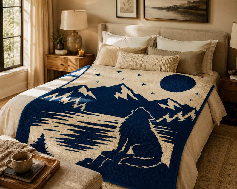 May include: A woven throw blanket featuring a dark blue and cream graphic design of a wolf howling at a full moon above a mountain range and pine forest. The scene includes a starry sky and is displayed spread across a bed with neutral bedding.