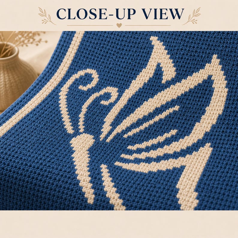 May include: Close-up of a blue crocheted blanket featuring a cream-coloured butterfly design. The blanket has a textured appearance and a cream-coloured border. The words "CLOSE-UP VIEW" are at the top of the image.