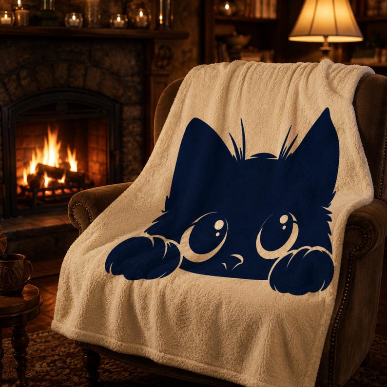 May include: A beige sherpa throw blanket featuring a navy blue cat face design. The cat has large, round eyes and paws peeking over the edge of the blanket. The blanket is draped over a brown armchair.