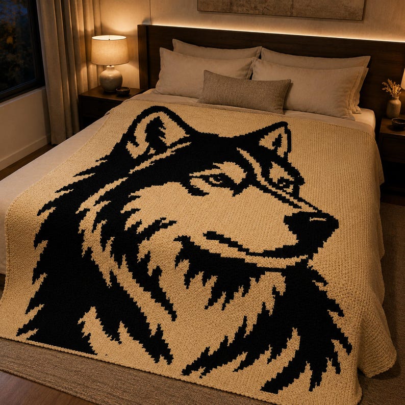 May include: A beige blanket with a large black wolf design. The wolf's head is prominently displayed, with detailed features. The blanket is spread over a bed, suggesting a cozy and decorative home textile.