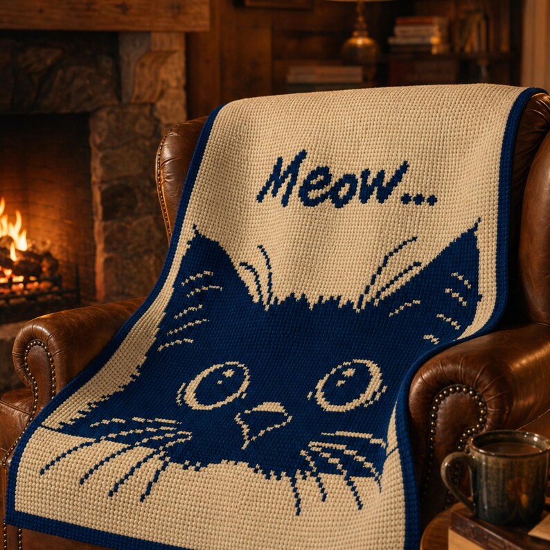 May include: A beige and navy blue crocheted throw blanket featuring a cat face design and the word "Meow...". The blanket is draped over a brown leather armchair. A mug of coffee sits on a wooden table next to the chair.