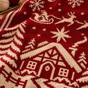 May include: A deep red and cream coloured knitted blanket featuring a repeating holiday pattern. The design includes a central house, a sleigh with reindeer, a crescent moon, snowflakes, and pine trees, all rendered in a detailed cross-stitch style.