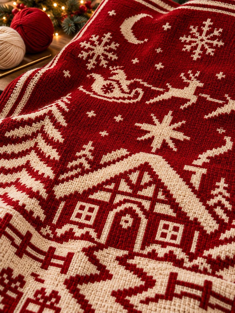 May include: A deep red and cream coloured knitted blanket featuring a repeating holiday pattern. The design includes a central house, a sleigh with reindeer, a crescent moon, snowflakes, and pine trees, all rendered in a detailed cross-stitch style.