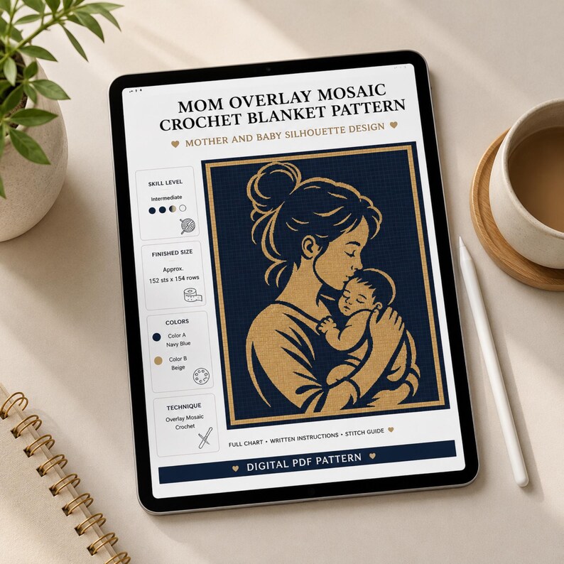 May include: Digital PDF crochet pattern for a baby blanket. The pattern features a mother and baby silhouette design. The finished size is approximately 152 stitches by 154 rows. The pattern includes full chart, written instructions, and a stitch guide.