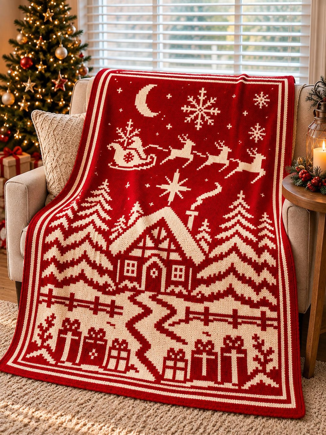 Christmas overlay mosaic crochet blanket pattern with Santa sleigh, reindeer, cabin and gifts