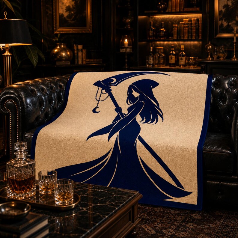 May include: A rectangular throw blanket featuring a beige background with a dark blue border and a large, central graphic of a hooded figure in a long gown holding a scythe. The scythe blade is decorated with a crescent moon and a hanging charm.