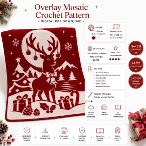 Pode incluir: Um padr&atilde;o de croch&ecirc; mosaico em download digital PDF com um gr&aacute;fico vermelho escuro e branco de uma rena com sino, &aacute;rvores de Natal, presentes e flocos de neve. Inclui especifica&ccedil;&otilde;es t&eacute;cnicas para um cobertor de 131 por 183 cm.