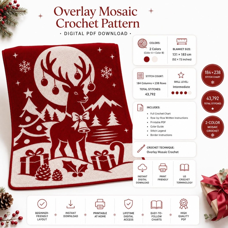 Pode incluir: Um padr&atilde;o de croch&ecirc; mosaico em download digital PDF com um gr&aacute;fico vermelho escuro e branco de uma rena com sino, &aacute;rvores de Natal, presentes e flocos de neve. Inclui especifica&ccedil;&otilde;es t&eacute;cnicas para um cobertor de 131 por 183 cm.