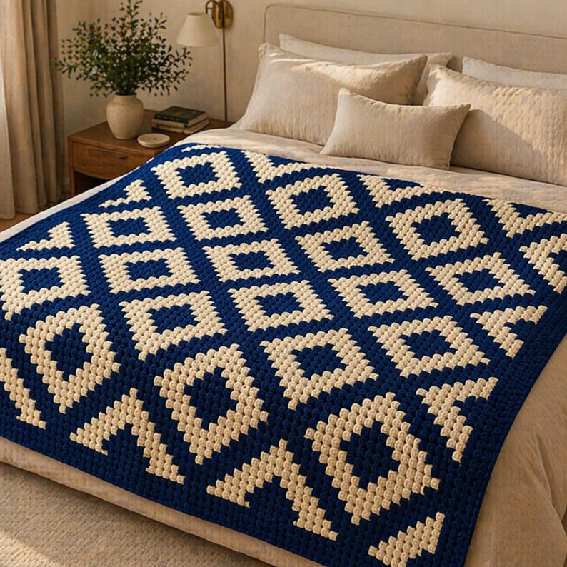 May include: A navy blue and cream-coloured crochet blanket with a geometric diamond pattern. The blanket is draped over a bed with neutral-toned pillows and a beige bedspread. The blanket's design features repeating diamond shapes.