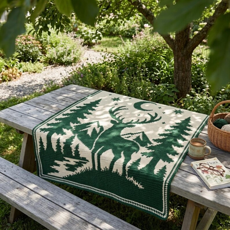 Peut inclure: Une couverture carr&eacute;e au crochet pr&eacute;sentant un motif vert fonc&eacute; et cr&egrave;me repr&eacute;sentant un cerf dans une for&ecirc;t avec des pins, des montagnes, un croissant de lune et des &eacute;toiles. La couverture a une bordure simple sur une table en bois.