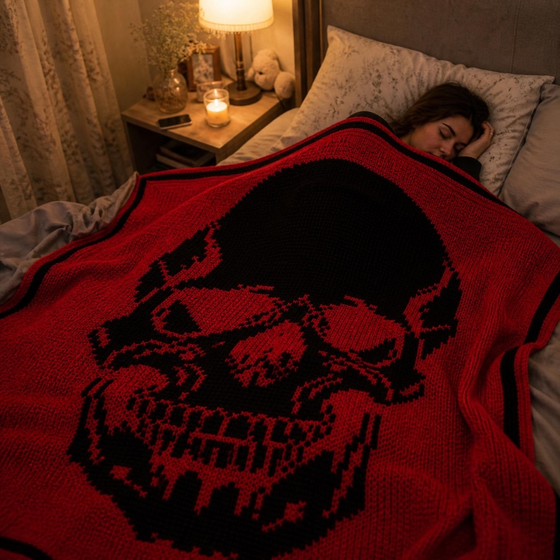 Puede incluir: Una manta roja y negra con un patr&oacute;n de calavera cubre a una persona durmiendo en la cama. La manta presenta un gran dise&ntilde;o de calavera negra sobre un fondo rojo. La habitaci&oacute;n est&aacute; tenuemente iluminada, con una mesita de noche y una l&aacute;mpara.