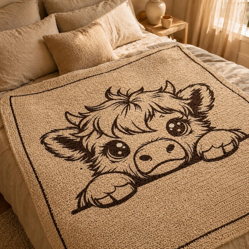 May include: A beige throw blanket featuring a cartoon cow face in dark brown. The cow has large eyes and is peeking over the edge. The blanket is on a bed with beige pillows. The blanket's dimensions are approximately 150 cm x 150 cm.