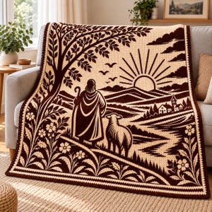 May include: A cream and dark brown knit throw blanket featuring a pastoral scene with a shepherd and a sheep standing under a large tree. The design includes a rising sun over rolling hills, a small village, and floral borders.