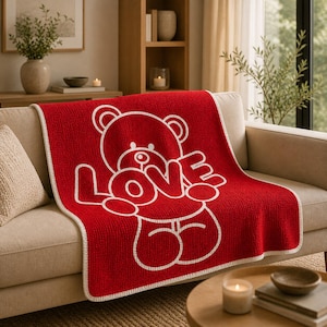 May include: A red throw blanket with a white outline of a teddy bear holding the word "LOVE". The blanket has a white border and is draped over a beige sofa. A cozy home decor item.
