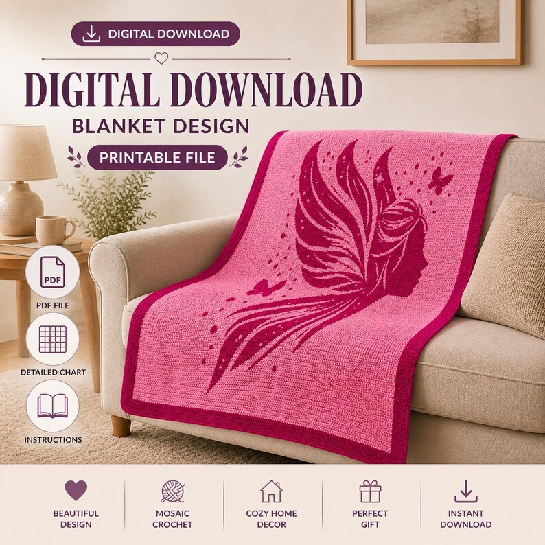 May include: A pink blanket with a fairy design draped over a sofa. The blanket features a dark pink border and a silhouette of a fairy with butterflies. Text on the image reads "DIGITAL DOWNLOAD" and "BLANKET DESIGN".