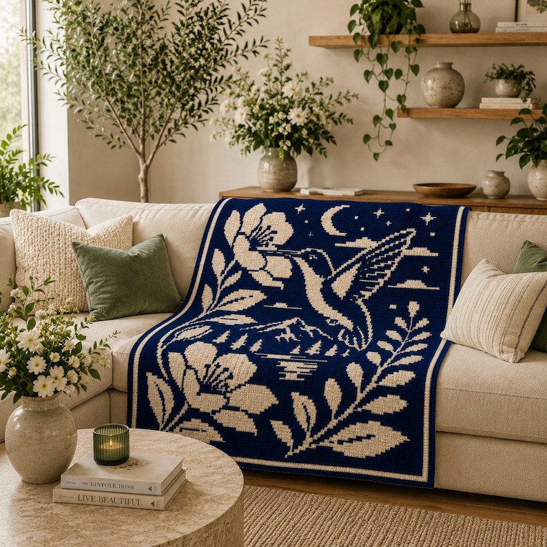 May include: A rectangular woven throw blanket featuring a dark blue background with a cream-colored pattern of a hummingbird hovering near a large flower, surrounded by foliage, a crescent moon, stars, and a mountain landscape scene.