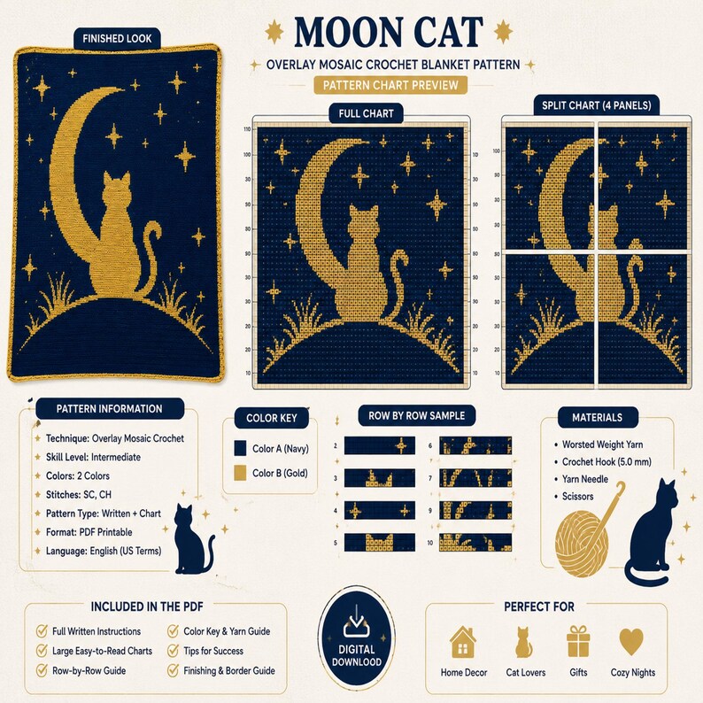 May include: A navy blue and gold crochet blanket pattern with a cat silhouette on a crescent moon. The pattern includes a full chart, split chart, and row-by-row sample. The pattern is a digital download.