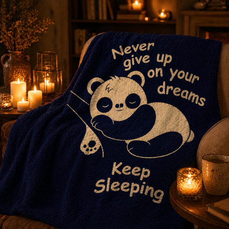 May include: A navy blue throw blanket featuring a white panda bear design and the text "Never give up on your dreams, Keep Sleeping." The blanket is on a chair, with candles creating a warm, inviting atmosphere in the background.
