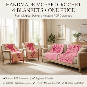 May include: Four crochet blankets featuring pink and cream mosaic designs of fairies and a pony. The text reads: HANDMADE MOSAIC CROCHET 4 BLANKETS &bull; ONE PRICE. Four Magical Designs &bull; Instant PDF Download. Includes charts, written instructions, and overlay patterns.