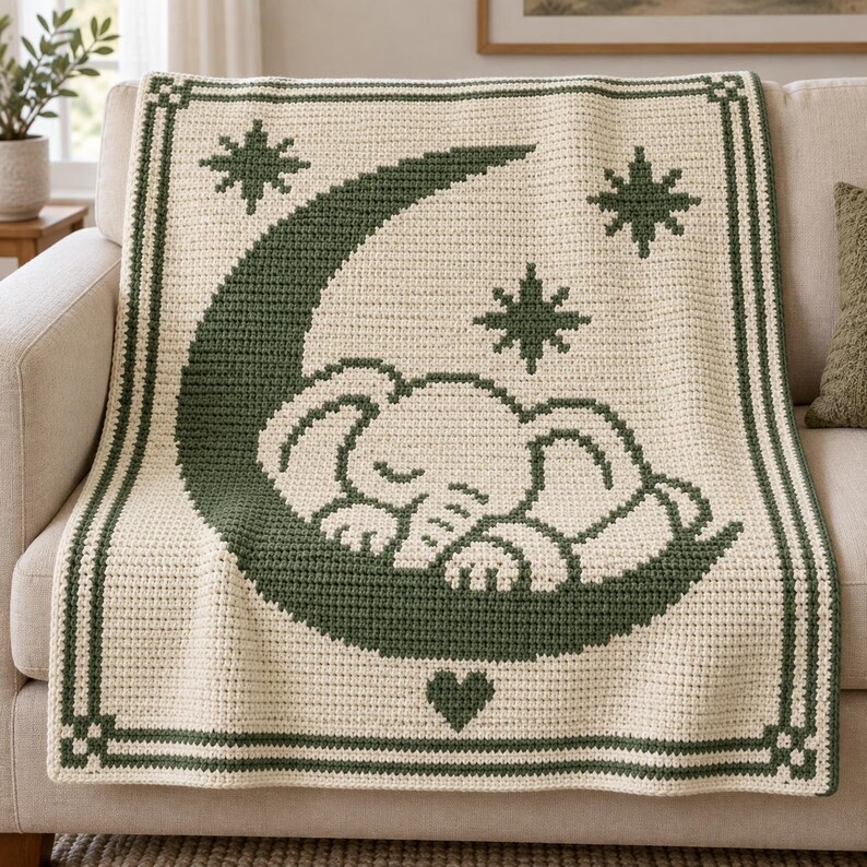 May include: A cream-colored crochet blanket featuring a dark green design of a sleeping elephant resting on a crescent moon. The pattern includes three dark green stars and a small heart at the bottom, all framed by a dark green geometric border.