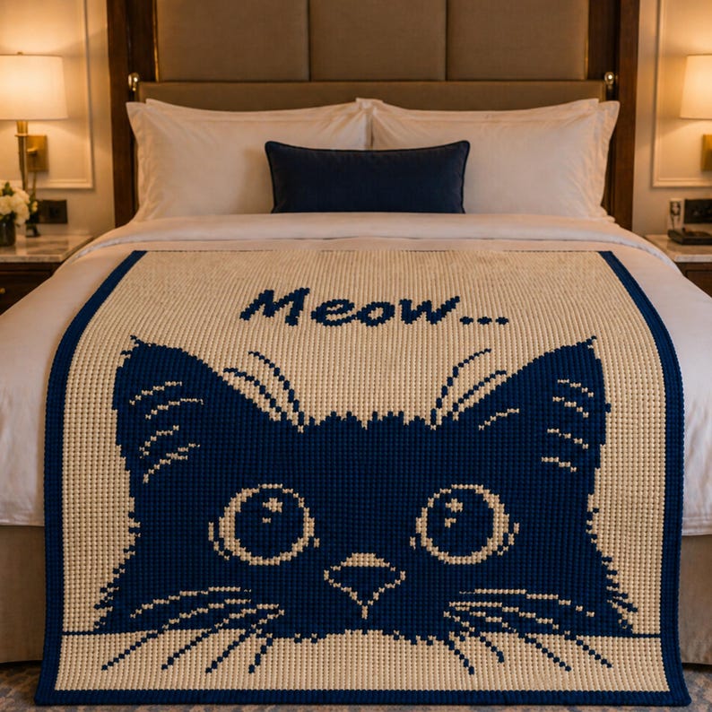 May include: A cream-colored throw blanket with a navy blue cat face design and the word "Meow..." in navy blue. The blanket is placed on a bed with white linens and a navy blue pillow.