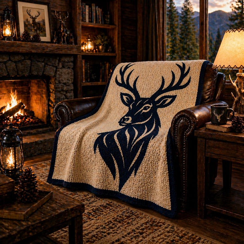 May include: A tan knitted throw blanket draped over a leather armchair. The blanket features a navy blue deer head design. The armchair is in a cozy living room setting with a fireplace, wooden furniture, and a window with a mountain view.