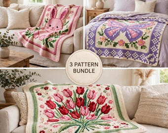 Spring Garden Crochet Pattern Bundle PDF, Bunny Butterfly Tulip Mosaic Blanket Patterns, Digital Download