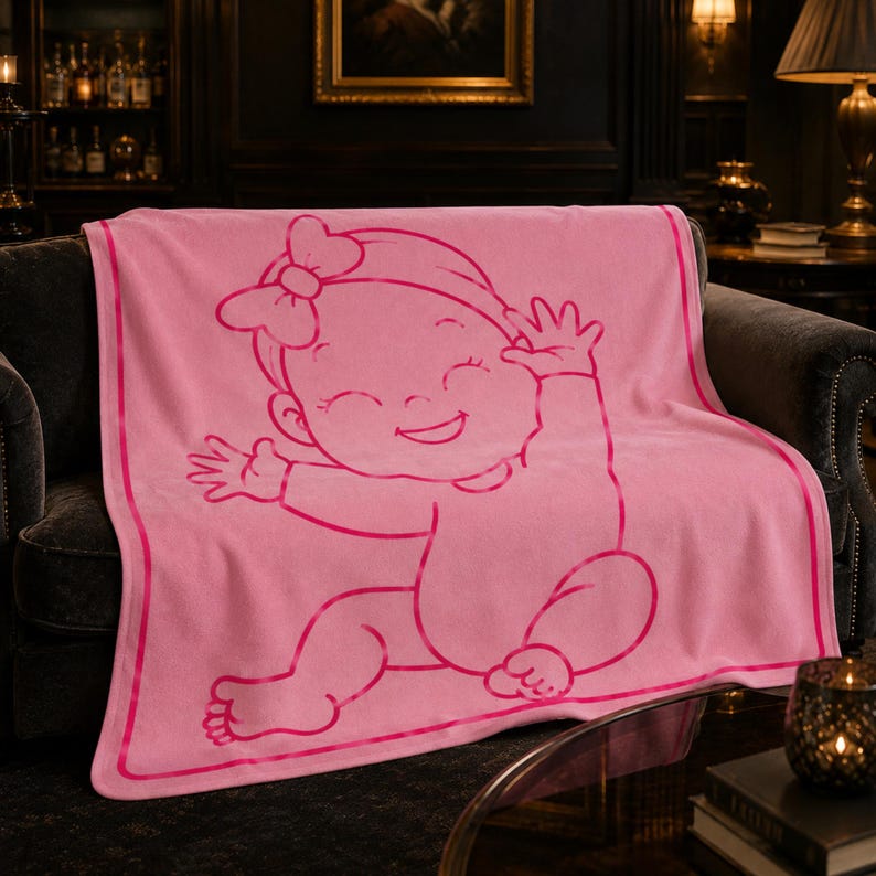 Pu&ograve; includere: Una coperta rosa per bambini con un'illustrazione di un bambino sorridente in una tonalit&agrave; di rosa pi&ugrave; scura. La coperta ha uno sfondo rosa pieno con un bordo rosa pi&ugrave; scuro. L'illustrazione del bambino include un fiocco, le braccia alzate e le gambe piegate.