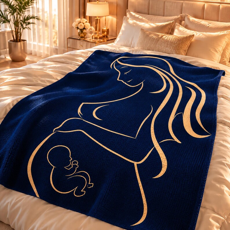 May include: A navy blue blanket with a gold outline depicting a pregnant person and a baby. The blanket is on a bed with white bedding. The design is a simple, elegant illustration.