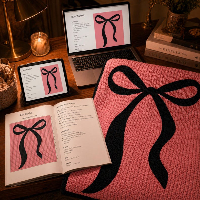 Pu&ograve; includere: Una coperta rosa lavorata a maglia con un grande disegno a fiocco nero, esposta con un laptop, un tablet e un libro aperto che mostra il motivo. Gli schermi del laptop e del tablet mostrano le parole "Bow Blanket". Sono visibili anche una candela accesa e una lampada.