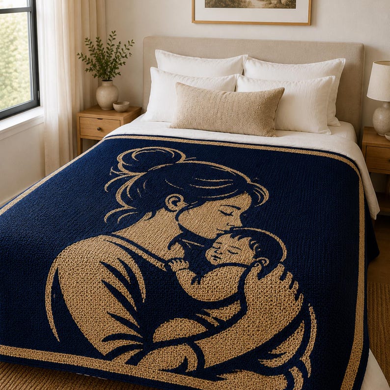 May include: A navy blue blanket with a tan illustration of a mother kissing a baby. The blanket has a border and is placed on a bed with white bedding and a tan pillow. The blanket is made of a soft material.