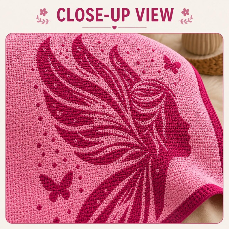 May include: Close-up of a pink crocheted blanket with a fairy design in a darker shade of pink. The blanket features a profile of a woman with wings and two butterfly accents. The text "CLOSE-UP VIEW" is at the top.