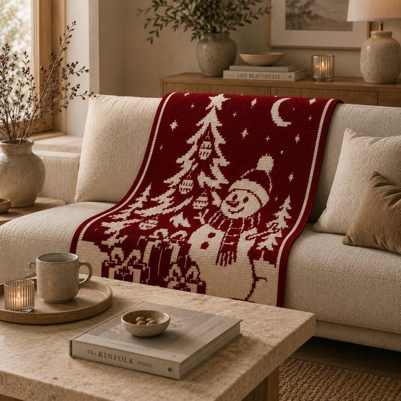 May include: A rectangular knit throw blanket featuring a deep red background with a white pattern depicting a snowman wearing a hat and scarf, a decorated Christmas tree, wrapped gift boxes, a crescent moon, and scattered stars.