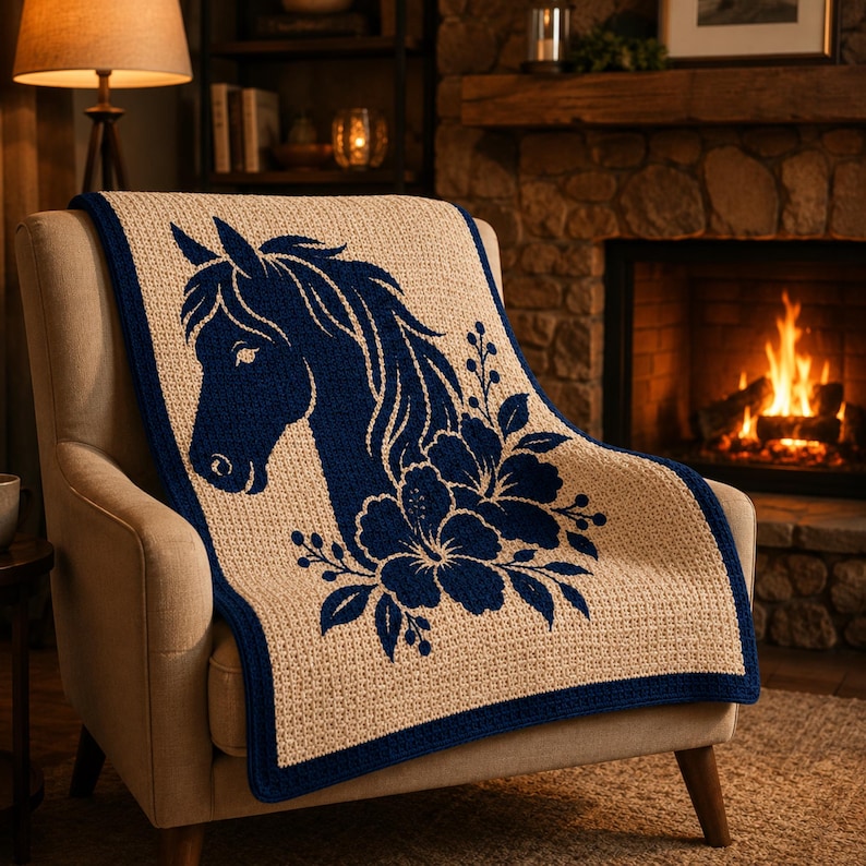 May include: A beige throw blanket with a navy blue horse head and floral design. The blanket has a navy blue border and is draped over a beige armchair. The background includes a fireplace and a lamp.