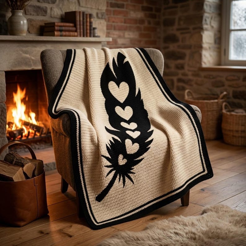 May include: A cream-coloured throw blanket with a black feather design featuring heart cutouts is draped over a chair. The blanket has a black border and is placed in front of a fireplace. The room has a cosy, warm atmosphere.