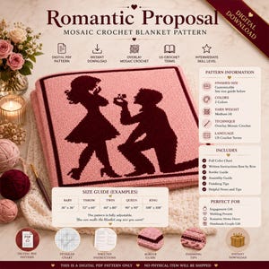Pode incluir: Um padr&atilde;o de croch&ecirc; em PDF digital para um cobertor de mosaico. O design apresenta uma cena de proposta rom&acirc;ntica em vermelho escuro sobre um fundo rosa. Inclui guias de tamanhos, instru&ccedil;&otilde;es escritas e dicas &uacute;teis. O tamanho final do cobertor &eacute; personaliz&aacute;vel.