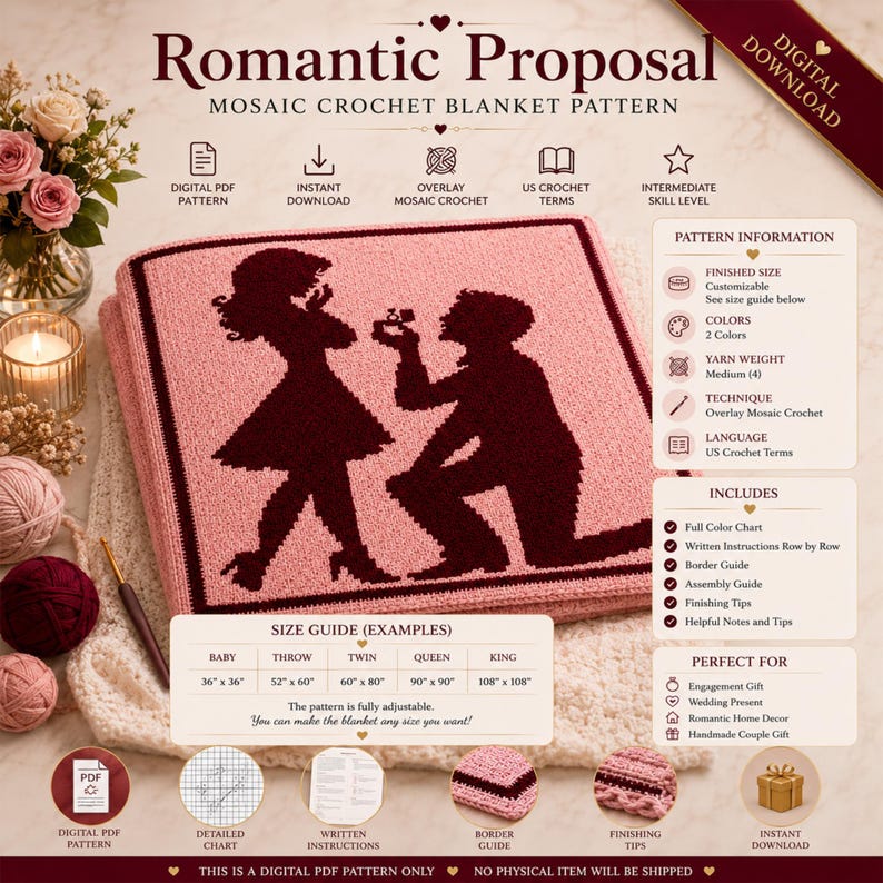 Pode incluir: Um padr&atilde;o de croch&ecirc; em PDF digital para um cobertor de mosaico. O design apresenta uma cena de proposta rom&acirc;ntica em vermelho escuro sobre um fundo rosa. Inclui guias de tamanhos, instru&ccedil;&otilde;es escritas e dicas &uacute;teis. O tamanho final do cobertor &eacute; personaliz&aacute;vel.