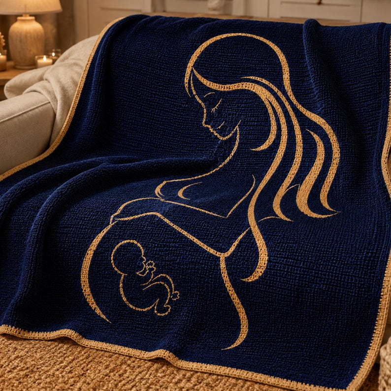 May include: A navy blue knitted blanket featuring a gold outline of a pregnant person and a baby. The blanket is draped over a sofa and has a gold border.