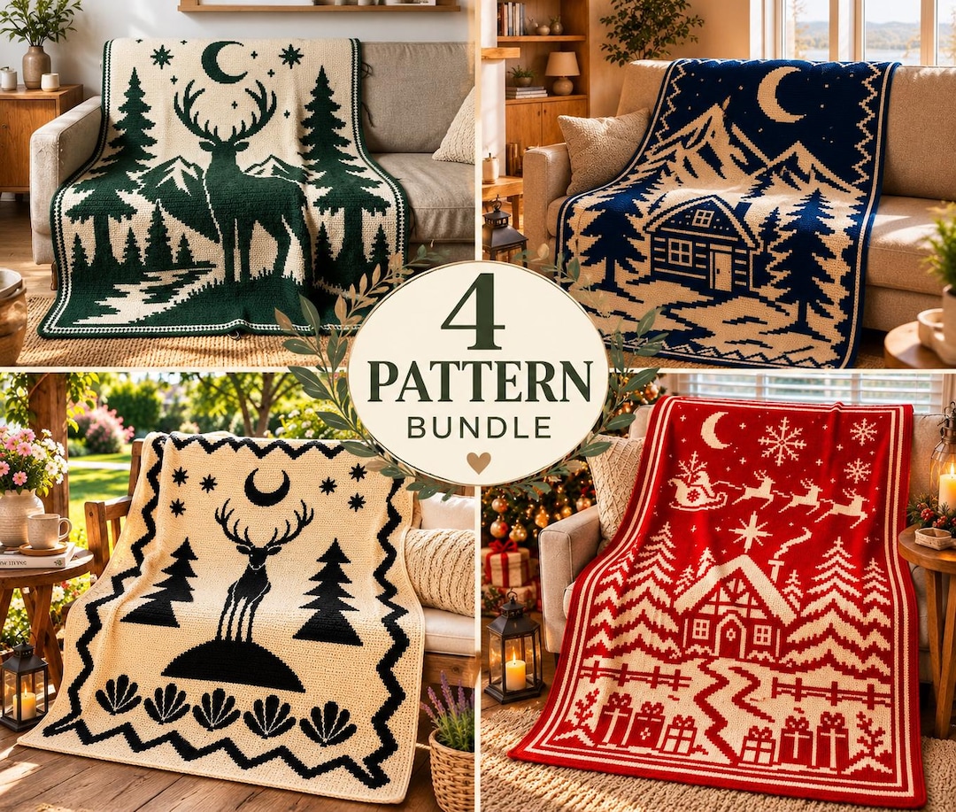 Bundle of four mosaic crochet blanket patterns with deer, cabin and Christmas designs