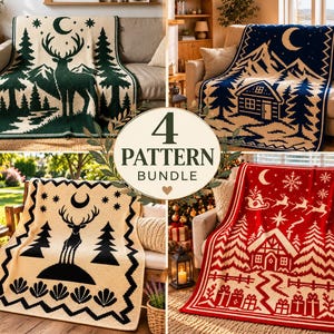 May include: A four-pattern bundle of knit blankets featuring nature and holiday themes. Designs include a deer in a forest, a mountain cabin, a deer on a hill, and a festive scene with a sleigh, cabin, and gifts, all with moon and star motifs.