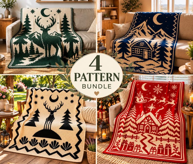 Bundle of 4 overlay mosaic crochet blanket patterns with deer, cabin and Christmas designs