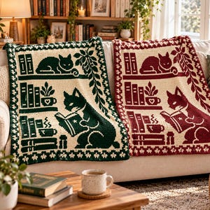 May include: Two rectangular crochet blankets featuring a repeating pattern of cats, bookshelves, and potted plants. One blanket is dark green and cream, while the other is deep red and cream. Both display a cat reading a book.