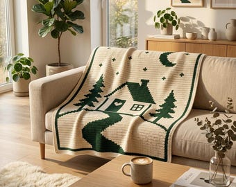 Forest Cabin Mosaic Crochet Pattern | Overlay Mosaic Blanket PDF | Woodland Cabin Decor Crochet Chart | Modern Throw Blanket Pattern
