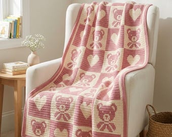 Mosaic Crochet Baby Blanket Pattern, Teddy Bear Crochet Pattern, Heart Nursery Decor, Beginner Easy Crochet PDF, Baby Shower Gift DIY