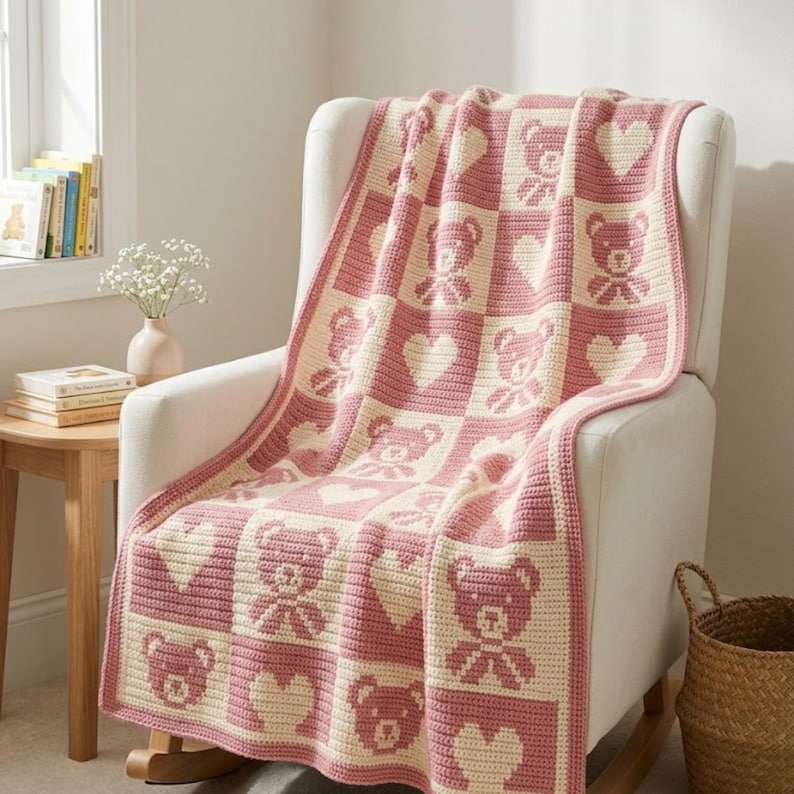 May include: A pink and cream-colored crocheted blanket draped over a white rocking chair. The blanket features a repeating pattern of teddy bears and hearts. The blanket is made of soft yarn and is perfect for a baby's nursery or as a decorative throw.