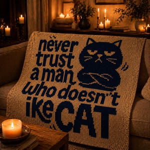 May include: A tan knitted throw blanket with the text "never trust a man who doesn't like CAT" in navy blue. The blanket features a navy blue cat graphic with crossed arms. The blanket is draped over a sofa.