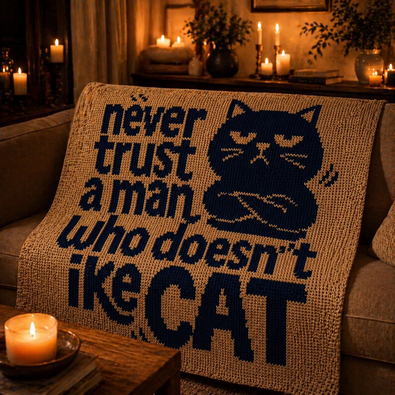 May include: A tan knitted throw blanket with the text "never trust a man who doesn't like CAT" in navy blue. The blanket features a navy blue cat graphic with crossed arms. The blanket is draped over a sofa.