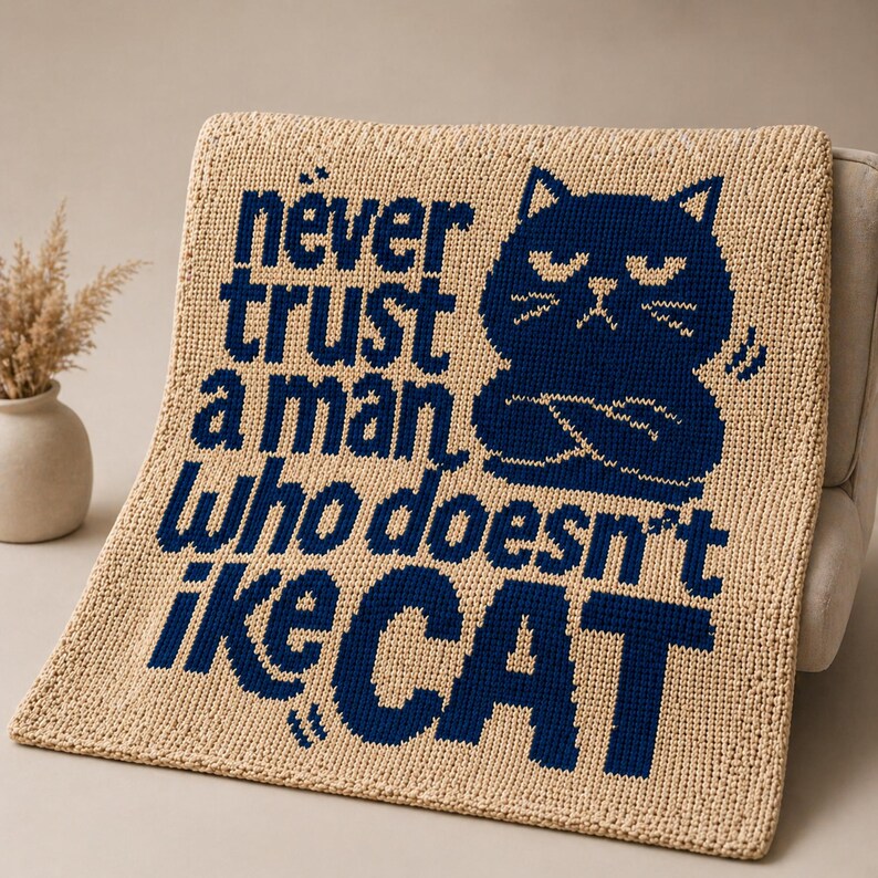 May include: Beige crocheted throw blanket with navy blue text and a cat graphic. The text reads "Never trust a man who doesn't like cats." The cat graphic has crossed arms and a grumpy expression. The blanket is draped over a chair.