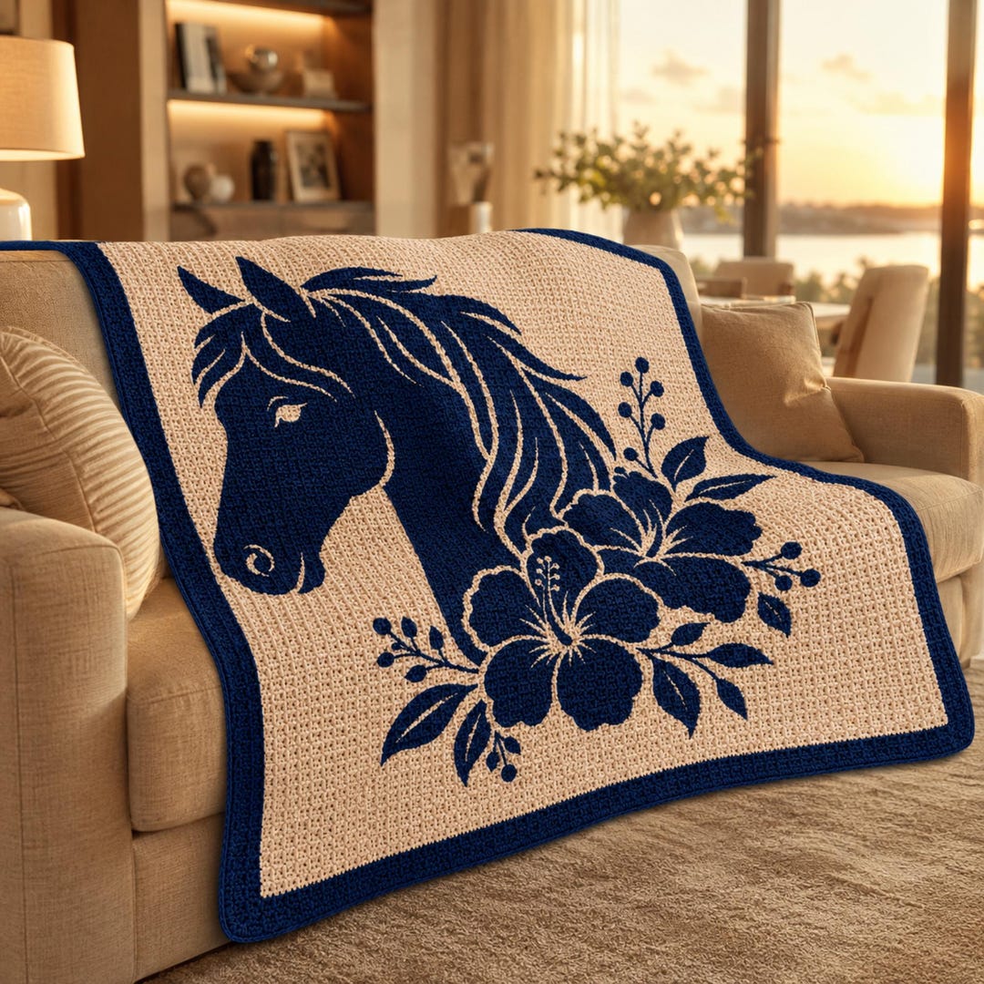 Horse with flowers overlay mosaic crochet blanket pattern