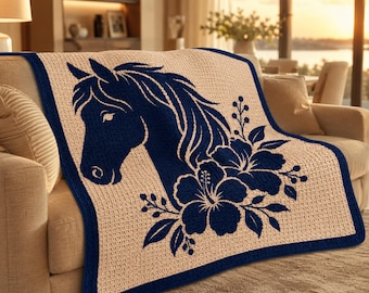 Horse Mosaic Crochet Blanket Pattern PDF, Floral Overlay Crochet Pattern, 2-Color Crochet Chart, Modern Horse Decor, Digital Download